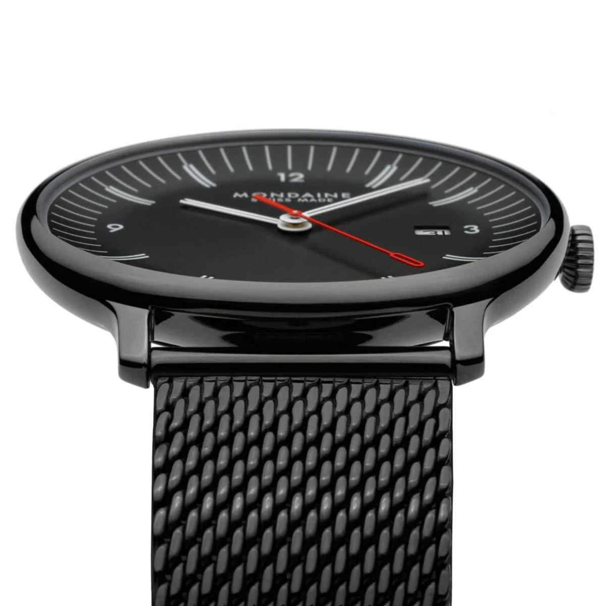 Mondaine Doppio MLE.41220.SM slim black case profile and mesh strap connection close up