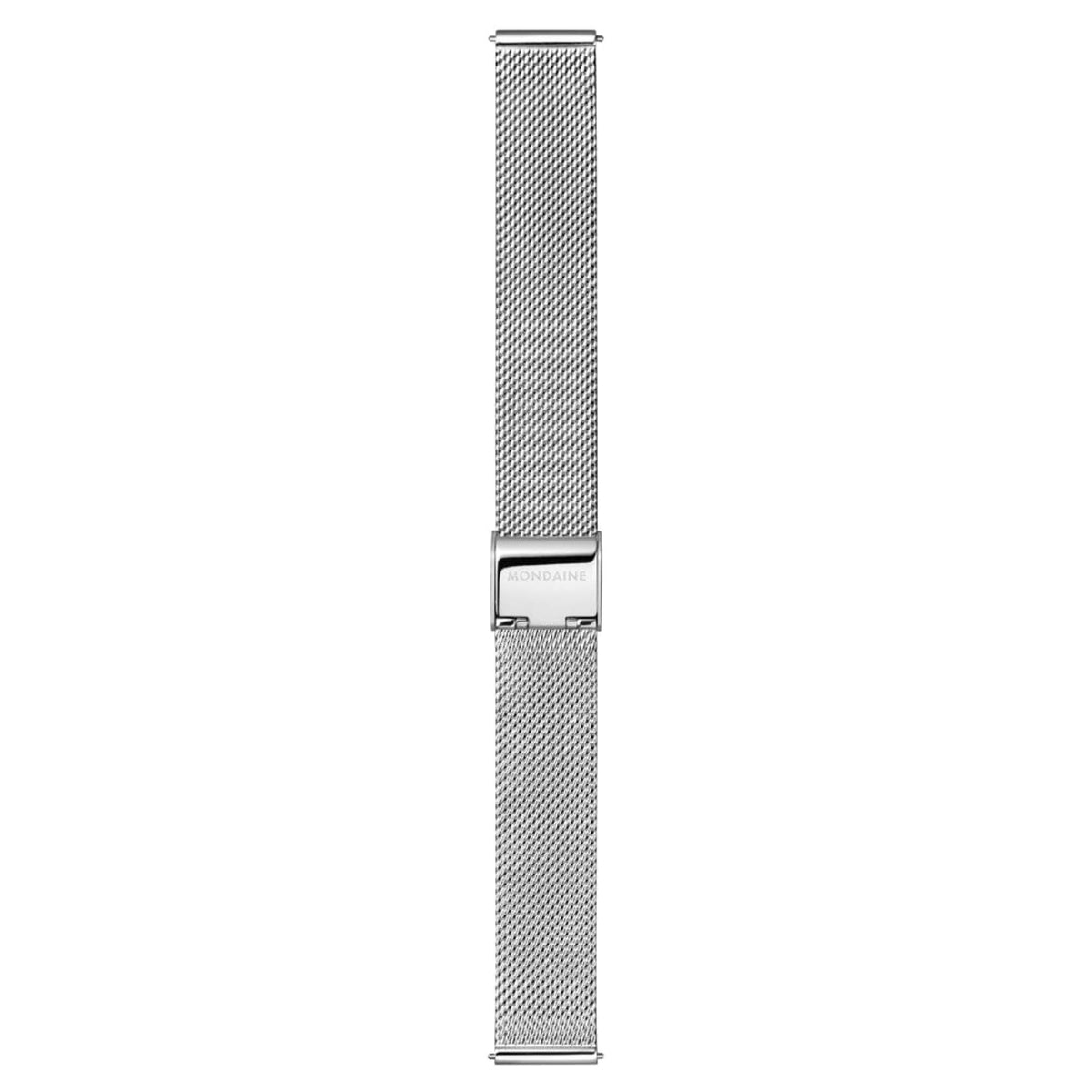 Mondaine Doppio MLE.33110.SM stainless steel mesh strap and branded clasp detail