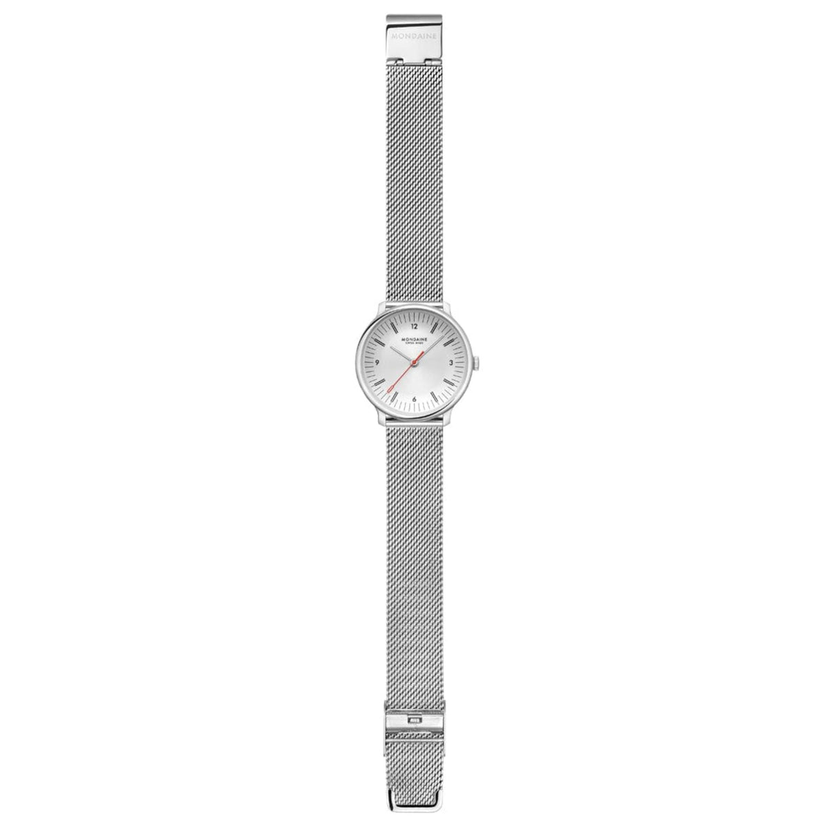 Mondaine Doppio MLE.33110.SM complete flat lay view with extended mesh strap