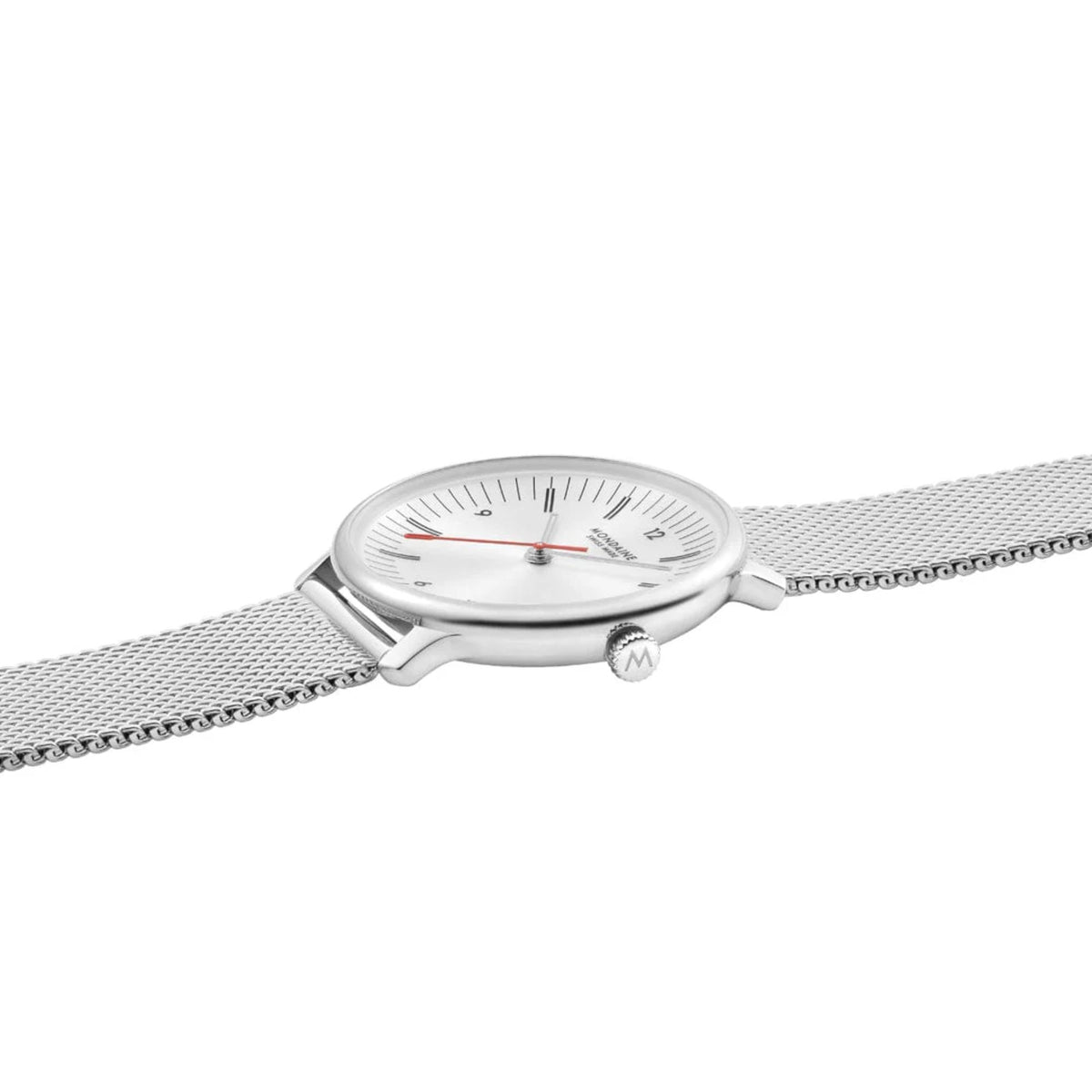 Mondaine Doppio MLE.33110.SM low-angle horizontal view of watch face and crown