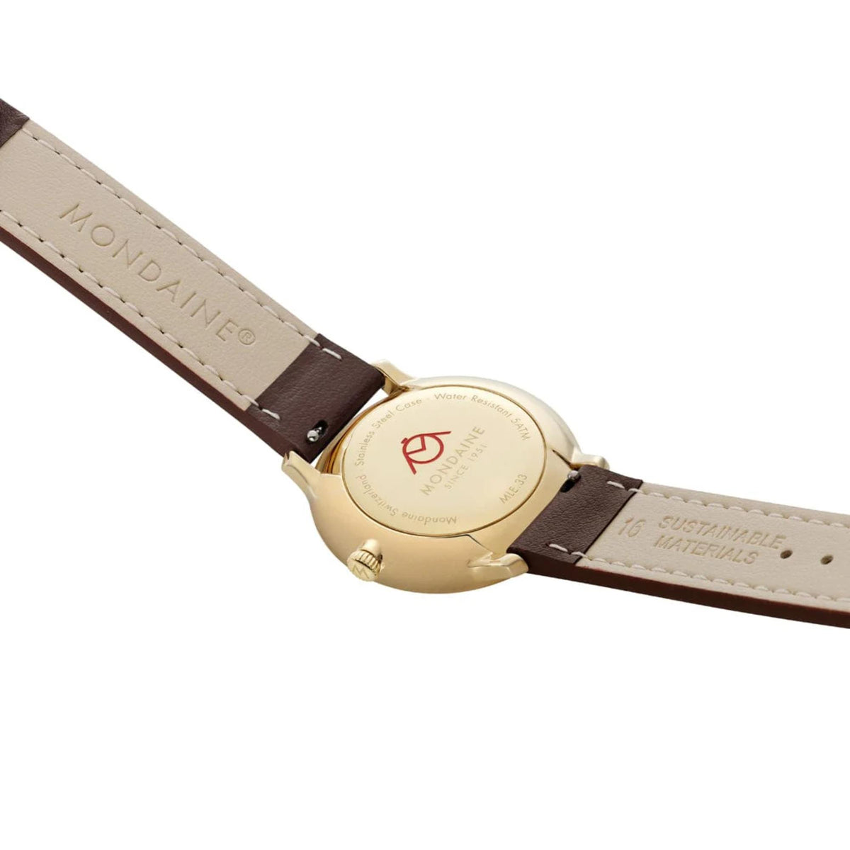 Mondaine Doppio MLE.33110.LGV gold-tone stainless steel caseback view