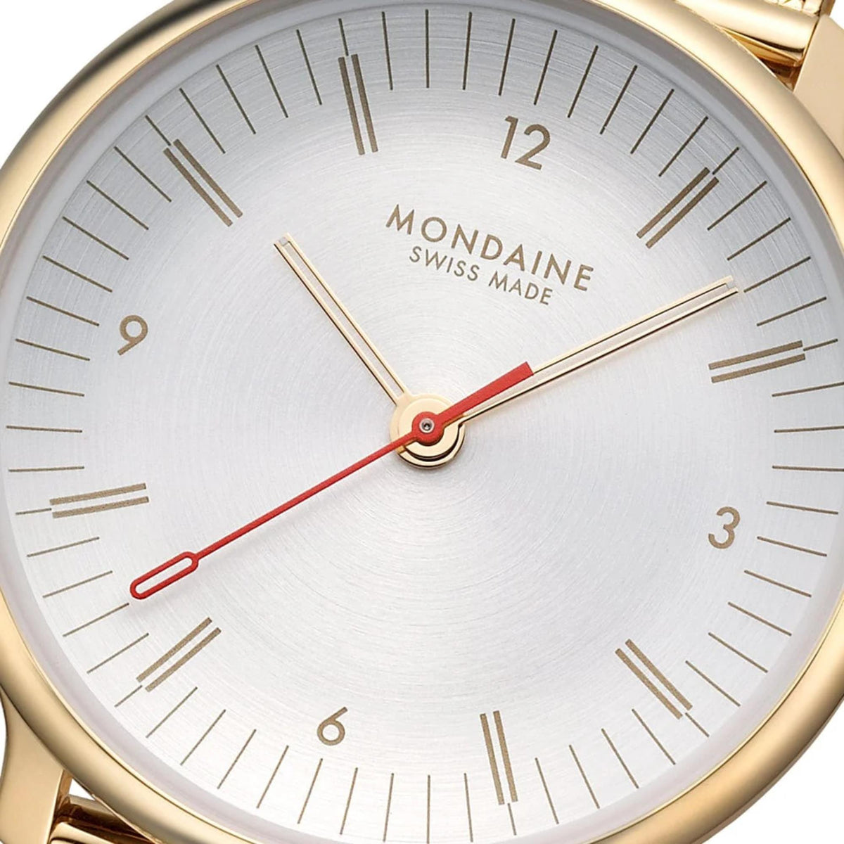 Mondaine Doppio MLE.33111.SM off-white dial close up showing red second hand and hours