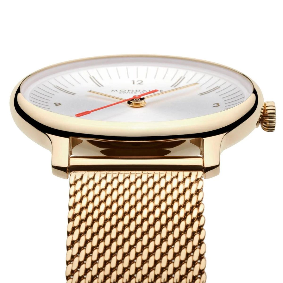 Mondaine Doppio MLE.33111.SM side view profile showing gold-toned case and mesh strap connection