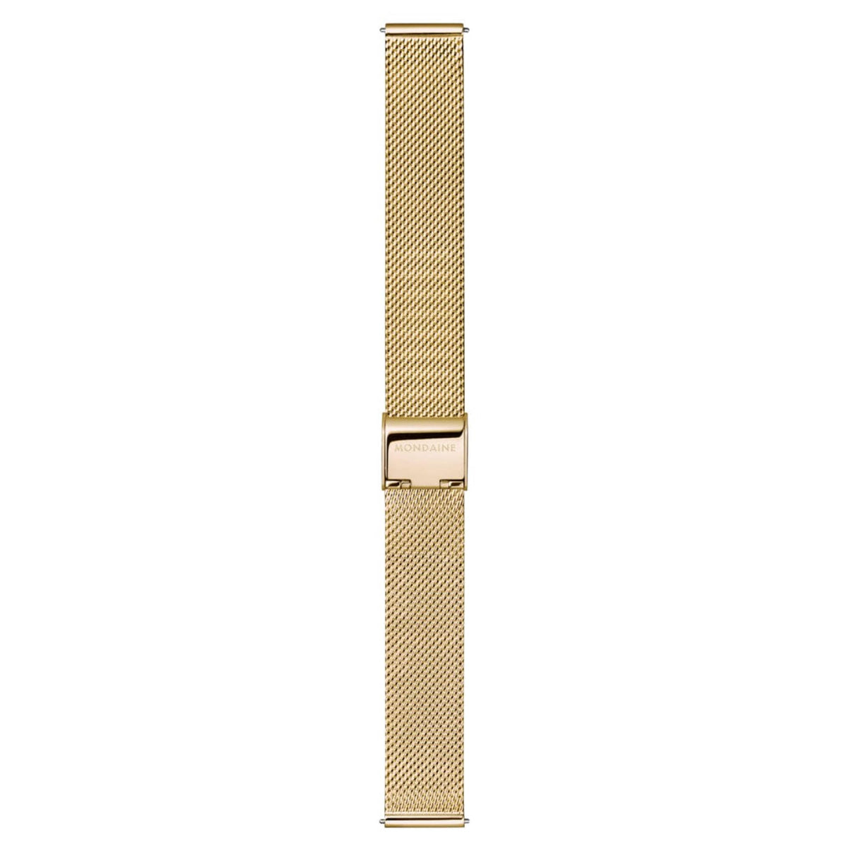 Mondaine Doppio MLE.33111.SM gold mesh strap back view showing engraved clasp logo
