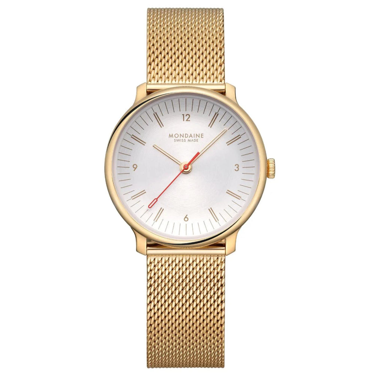 Mondaine Doppio MLE.33111.SM straight front view with full strap laid flat vertically