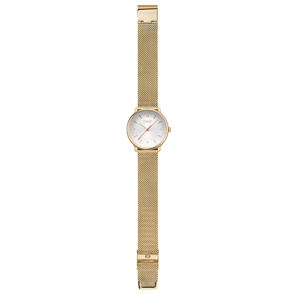 Mondaine Doppio MLE.33111.SM straight front view with full strap laid flat vertically