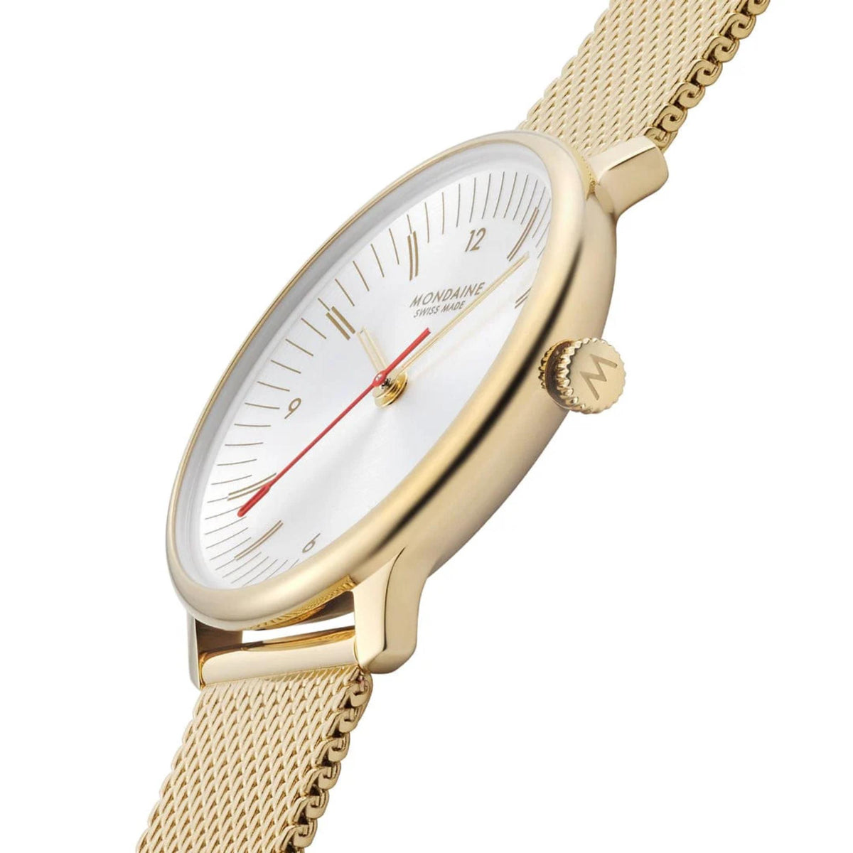Mondaine Doppio MLE.33111.SM three-quarter side angle showing crown with signature M logo