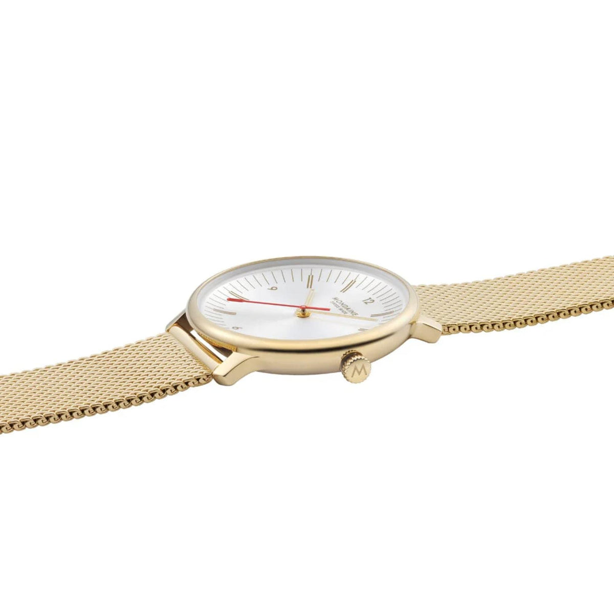 Mondaine Doppio MLE.33111.SM low profile side view showing watch face laid flat horizontally