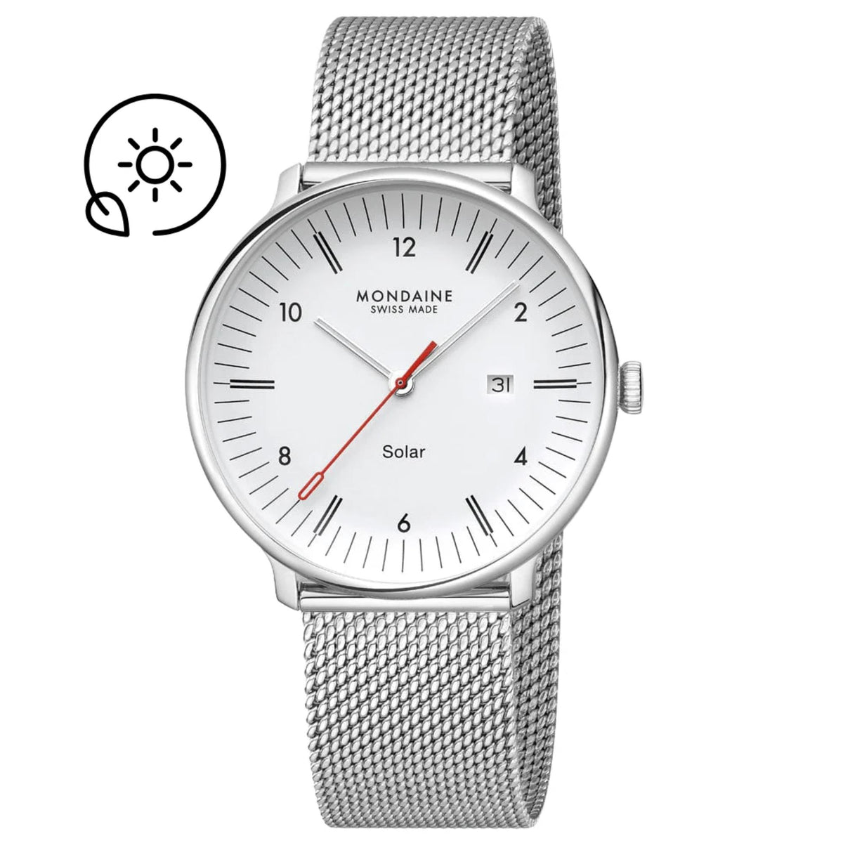 Mondaine Doppio MLE.41910.SM solar white dial steel strap watch front view with solar graphic icon