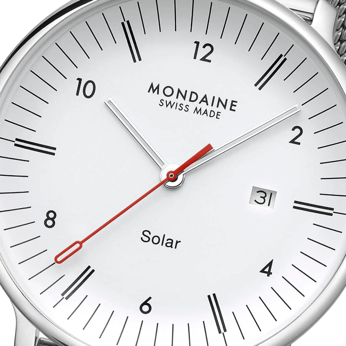 Mondaine Doppio MLE.41910.SM white dial close up showing signature red second hand and date window