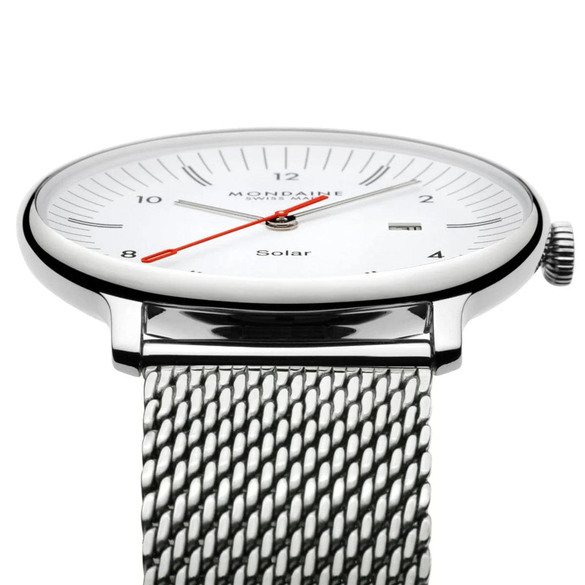 Mondaine Doppio MLE.41910.SM stainless steel case and mesh strap side profile view