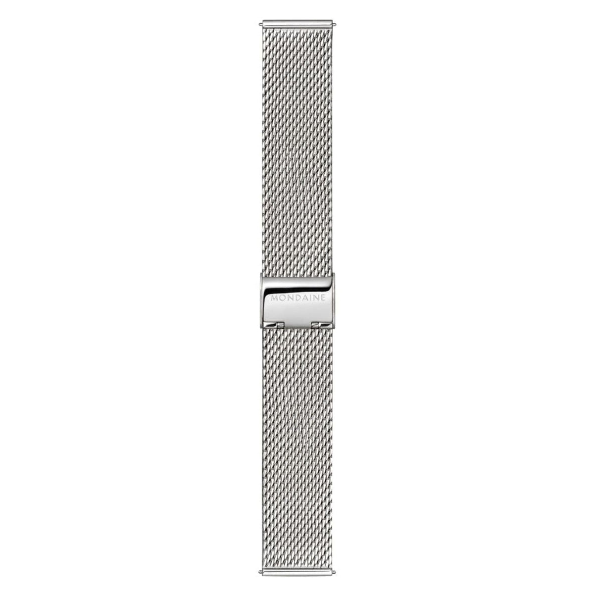Mondaine Doppio MLE.41910.SM stainless steel mesh strap and engraved buckle detail