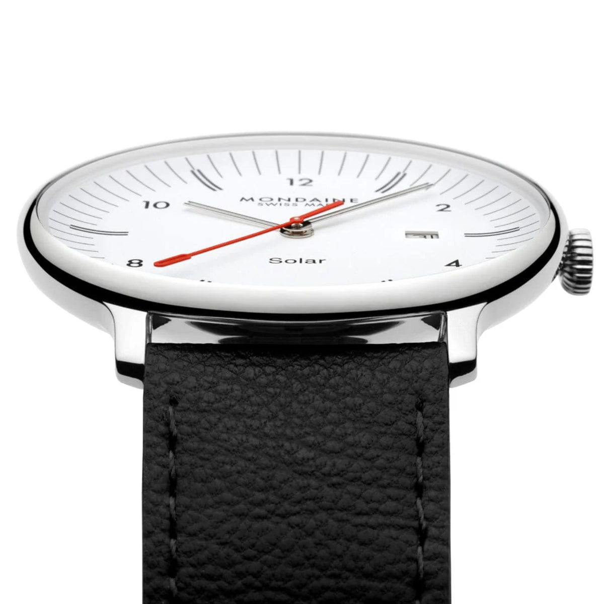 Mondaine Doppio MLE.41910.LBV watch showing its ultra-thin silver-tone stainless steel case profile and flat mineral crystal