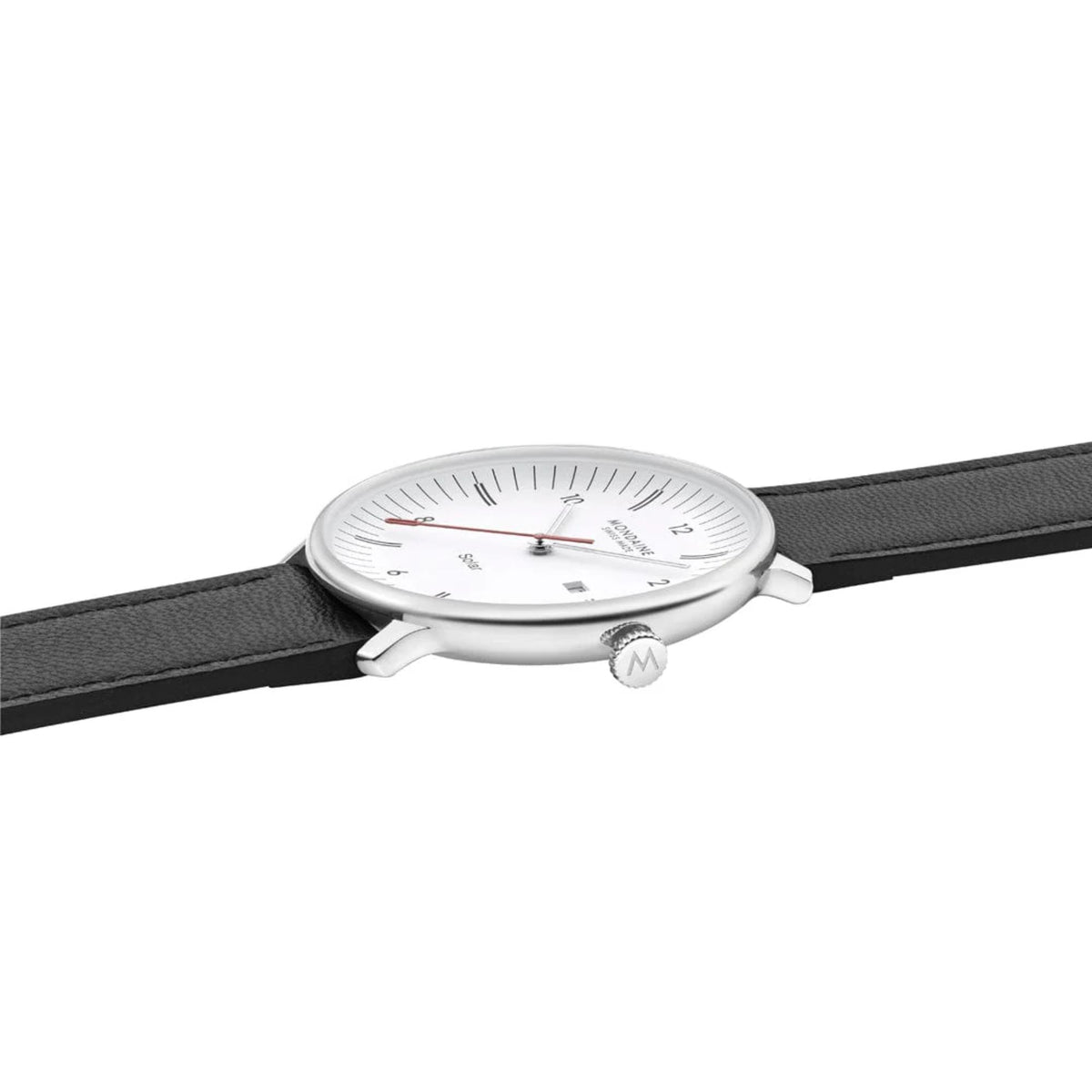 Side-angle view of the Mondaine Doppio MLE.41910.LBV watch lying flat, highlighting the slim profile of the polished silver case and the smooth texture of the black leather band
