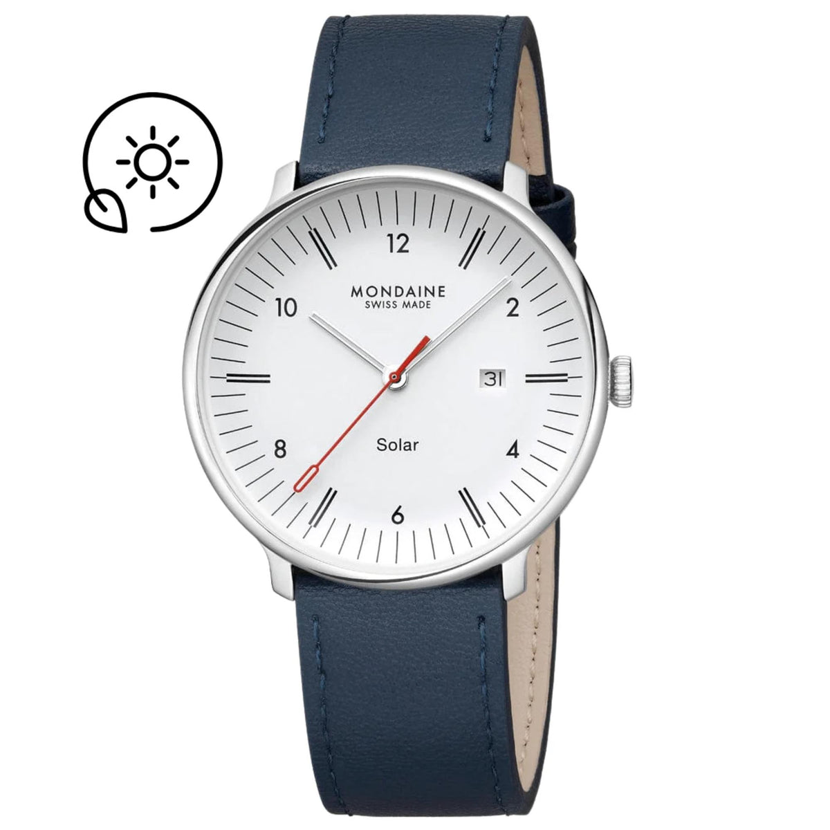Front view of Mondaine Doppio MLE.41910.LDV watch featuring a white dial, stainless steel case, and blue leather strap, accompanied by a solar-eco graphic icon in the top left corner