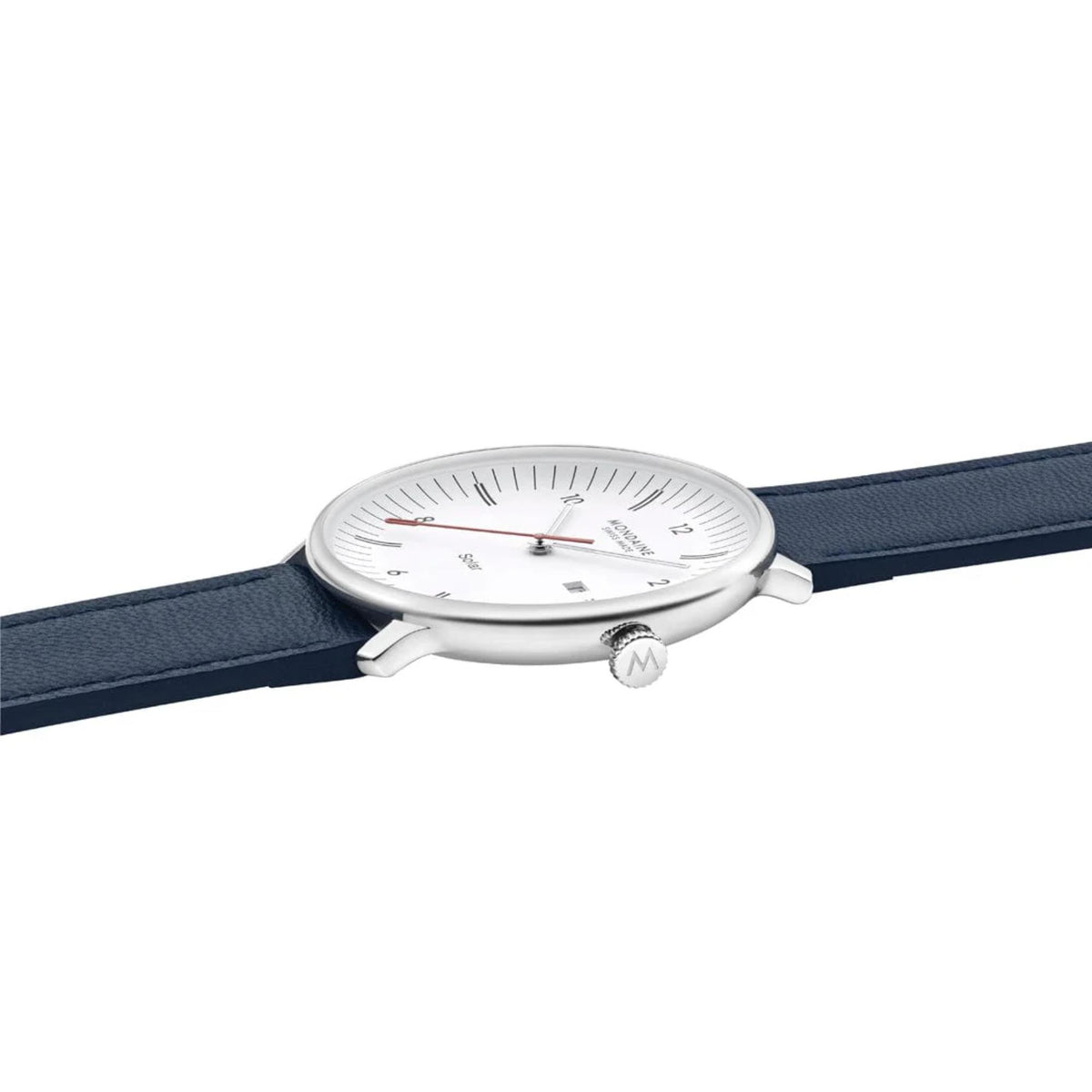 Mondaine Doppio Solar watch showing the ultra-slim silver stainless steel case, the textured crown with an 'M' logo, and a blue leather strap extending out to both sides
