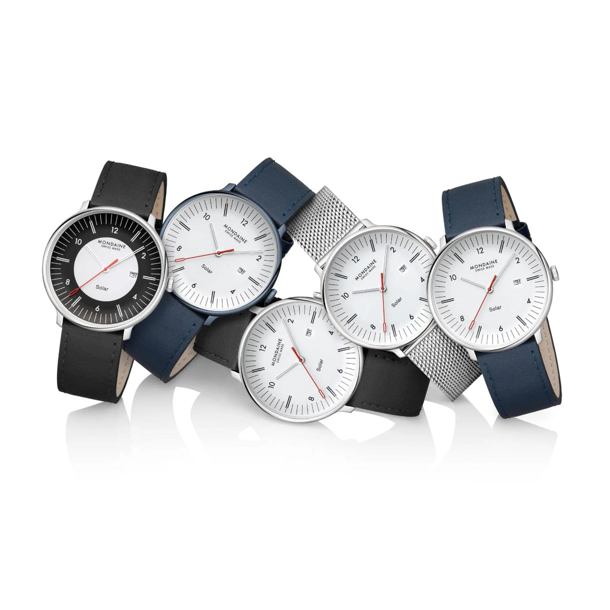 Five Mondaine watches with different dials, leather straps, and a mesh bracelet overlapping on a white background