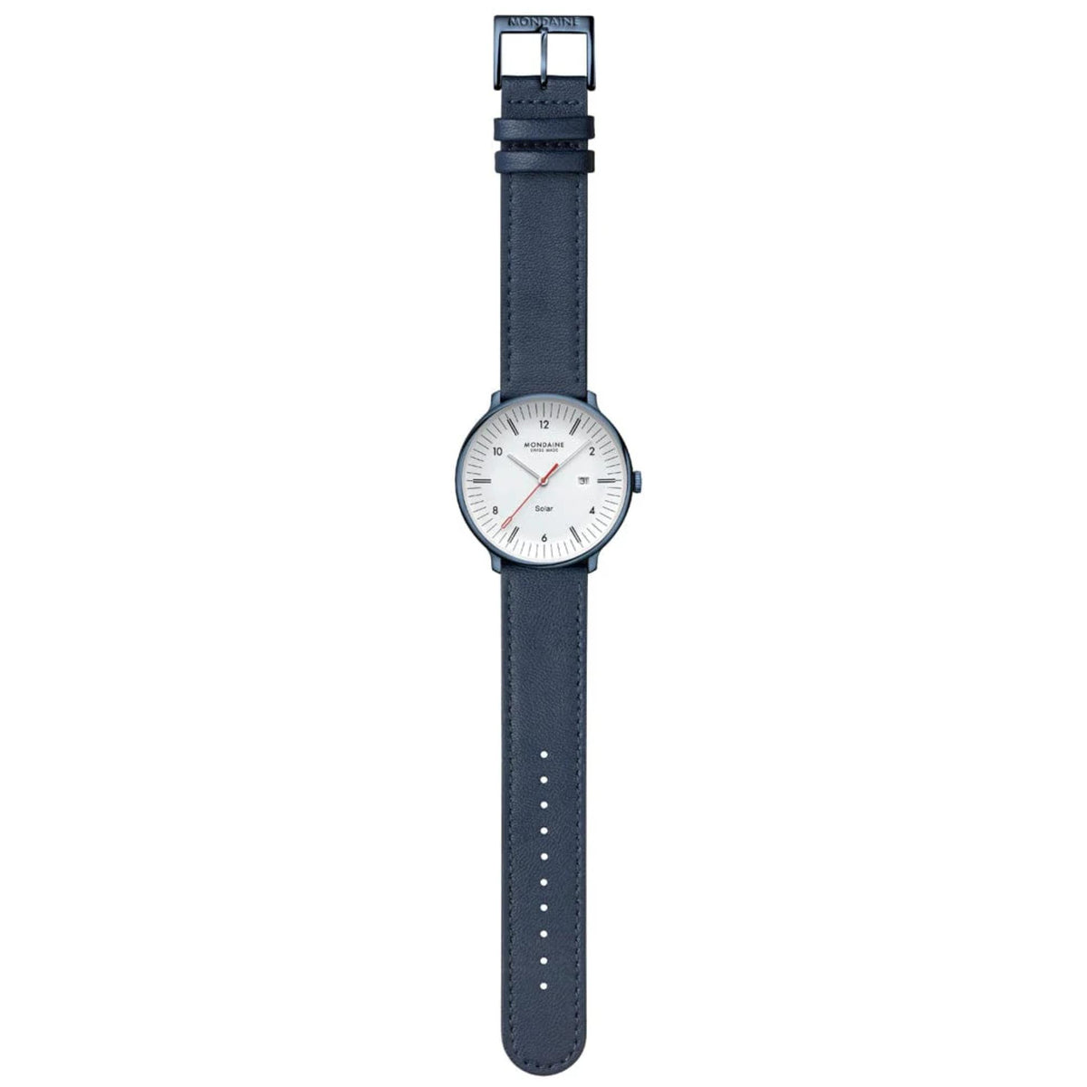 Mondaine Doppio Solar watch, showing the entire blue leather strap with its matching blue buckle from top to bottom