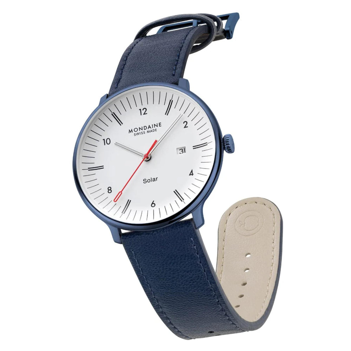 Mondaine watch with the blue leather strap loosely curved to display its cream-colored interior lining stamped with a subtle eco-friendly apple logo
