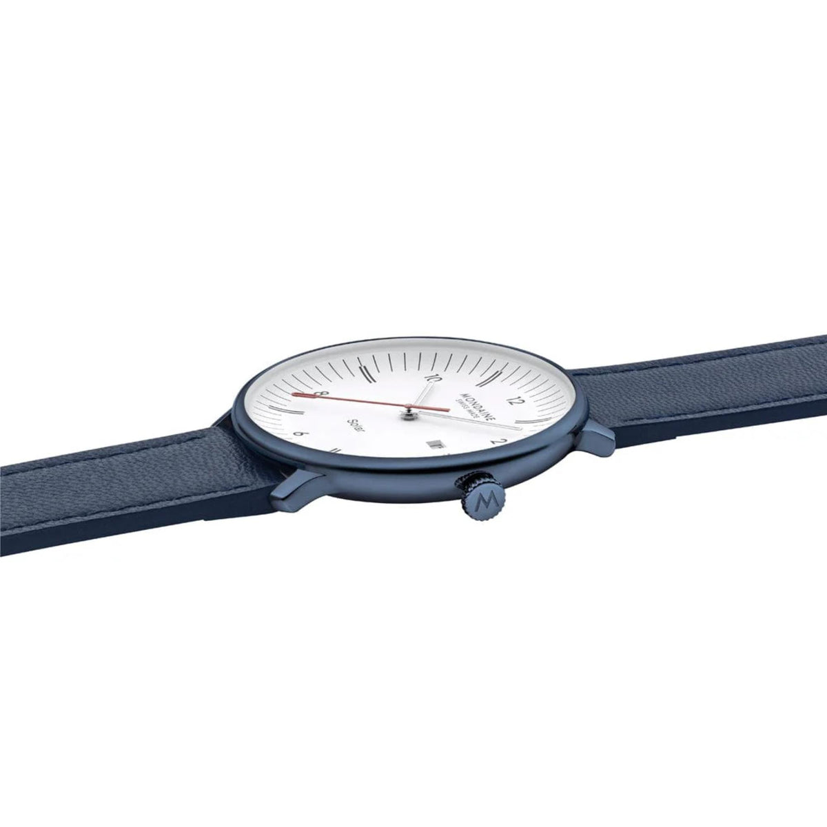 Side profile view of Mondaine Doppio Solar watch showing the ultra-slim navy blue case, the textured crown with an 'M' logo, and a blue leather strap extending out to both sides