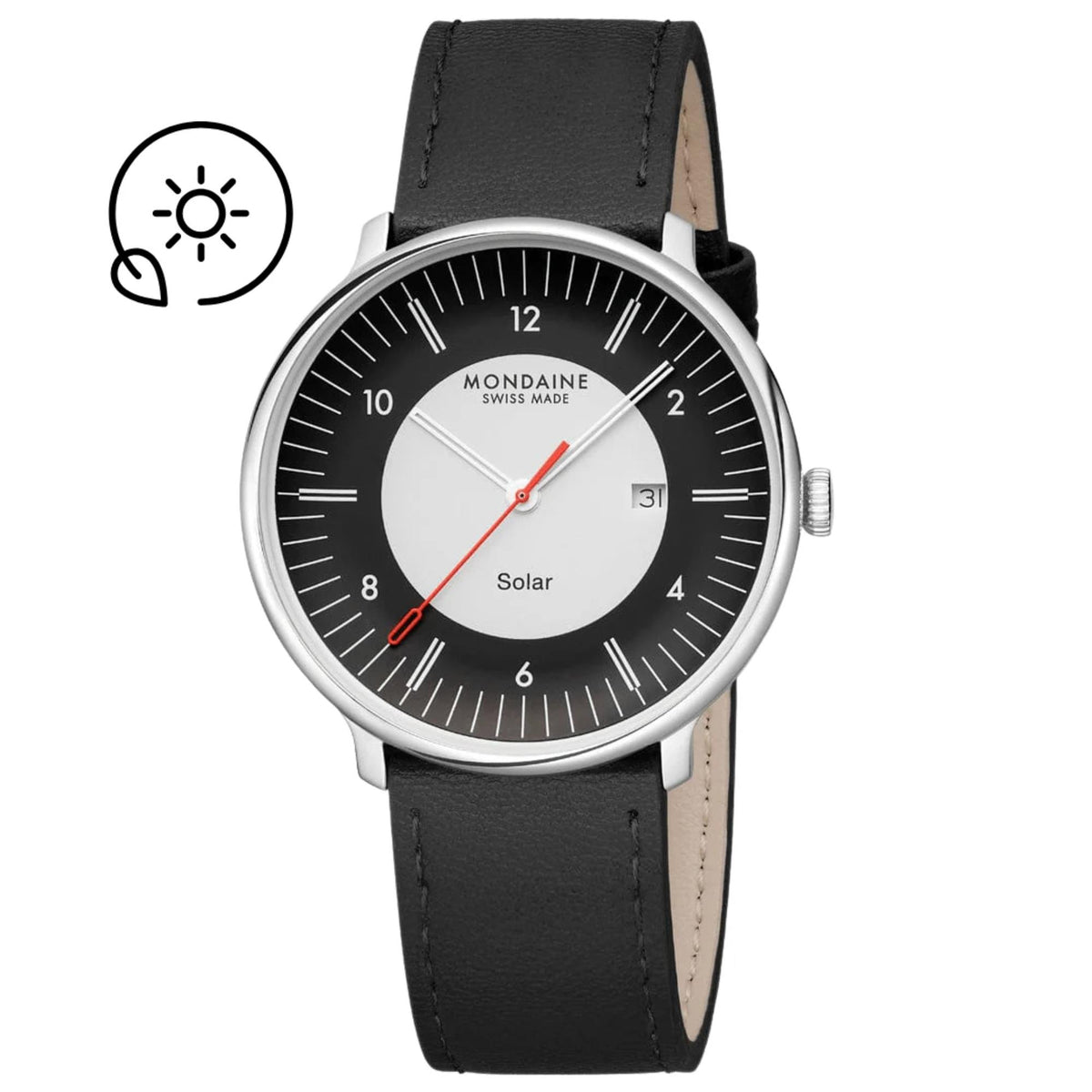 Front view of Mondaine Doppio Solar MLE.41920.LBV watch featuring a black and white dial, silver-tone case, and black leather strap, accompanied by a solar-eco graphic icon in the top left corner