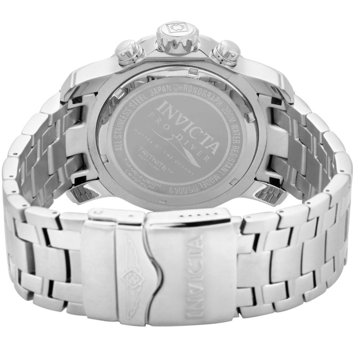 Men's Invicta Pro Diver stainless steel watch case back with linked metal bracelet
