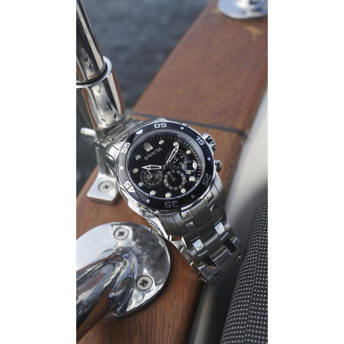 Men's Invicta Pro Diver chronograph watch with black dial and stainless steel bracelet