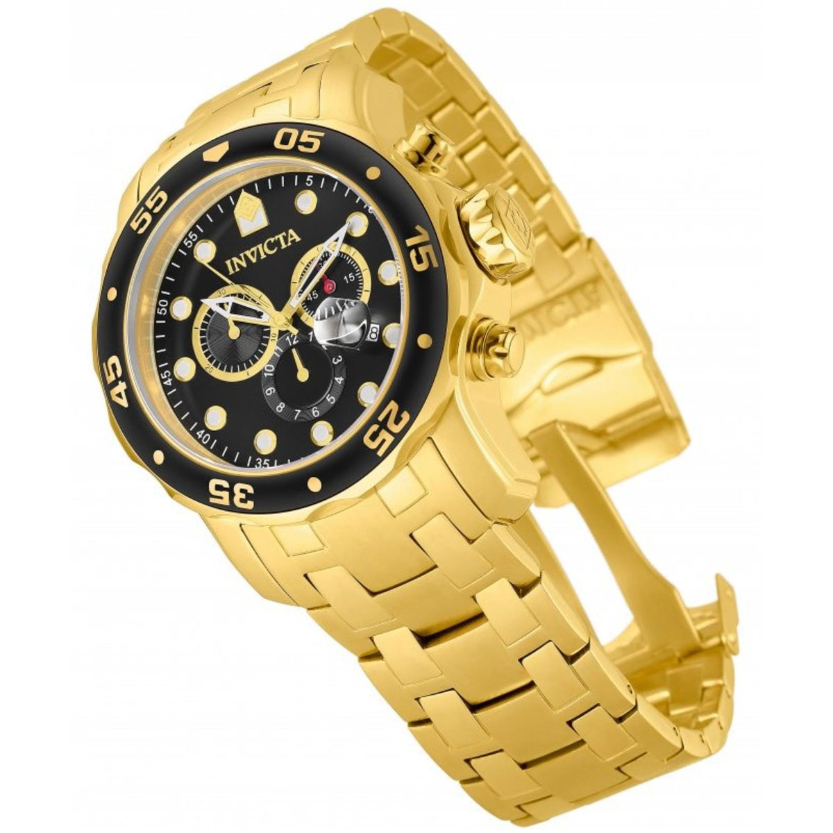 Men's gold-tone Invicta Pro Diver chronograph watch, black dial, metal link bracelet.