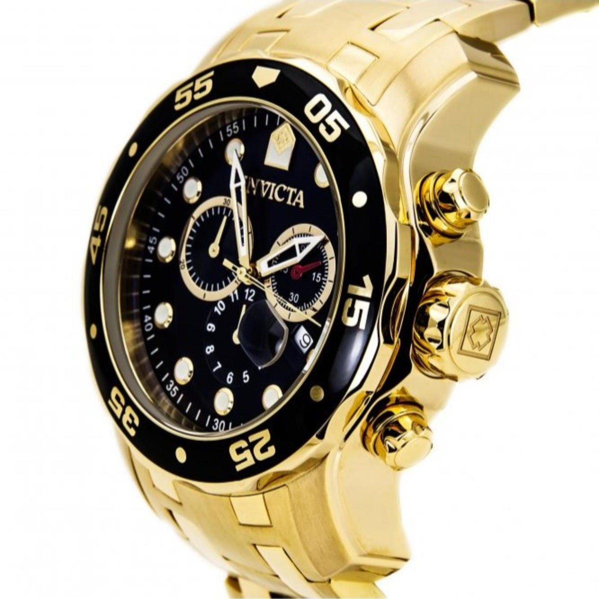 Men's Invicta Pro Diver chronograph watch close view: black dial with gold-tone case.