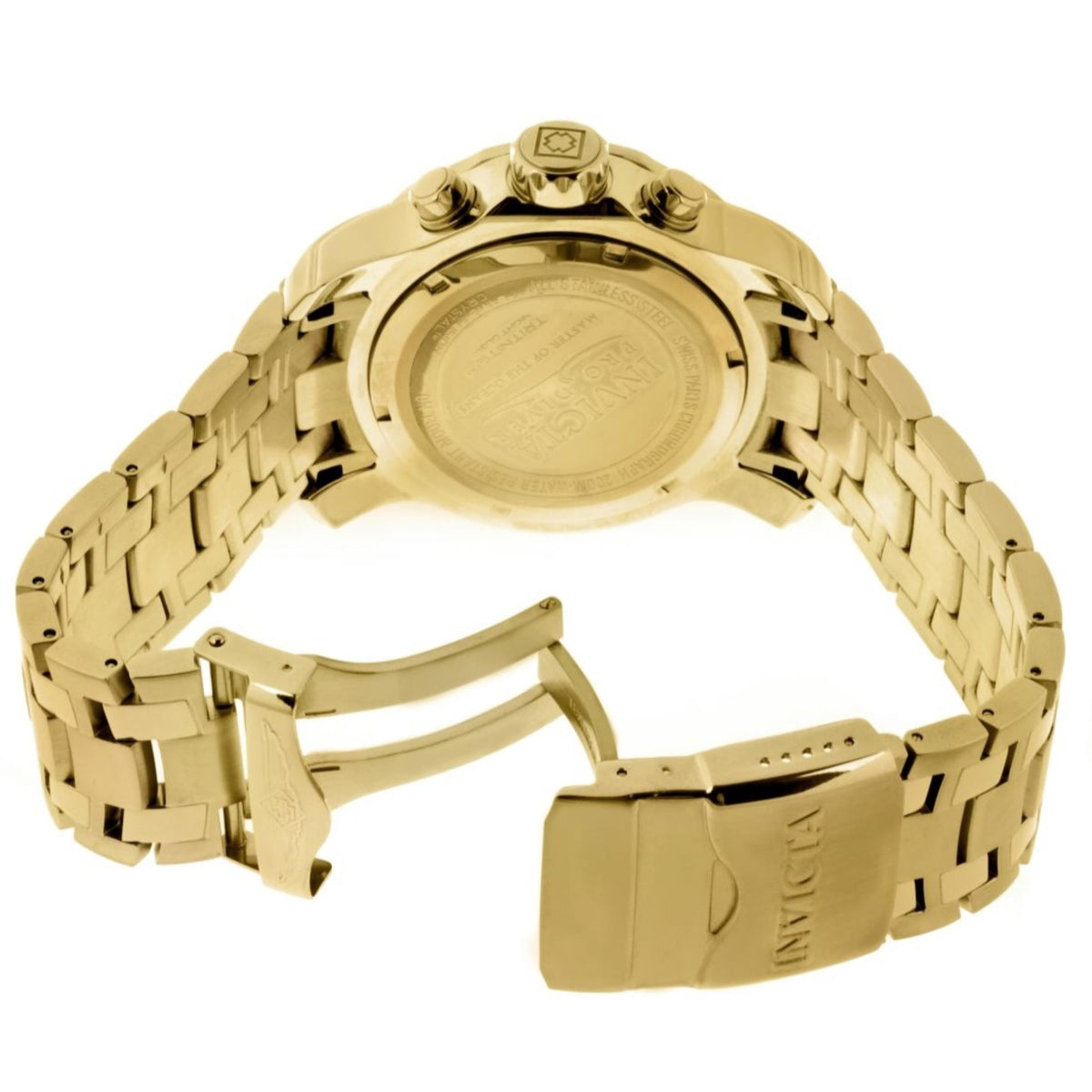 Gold-tone Invicta Pro Diver watch back with linked steel bracelet and engraved case.