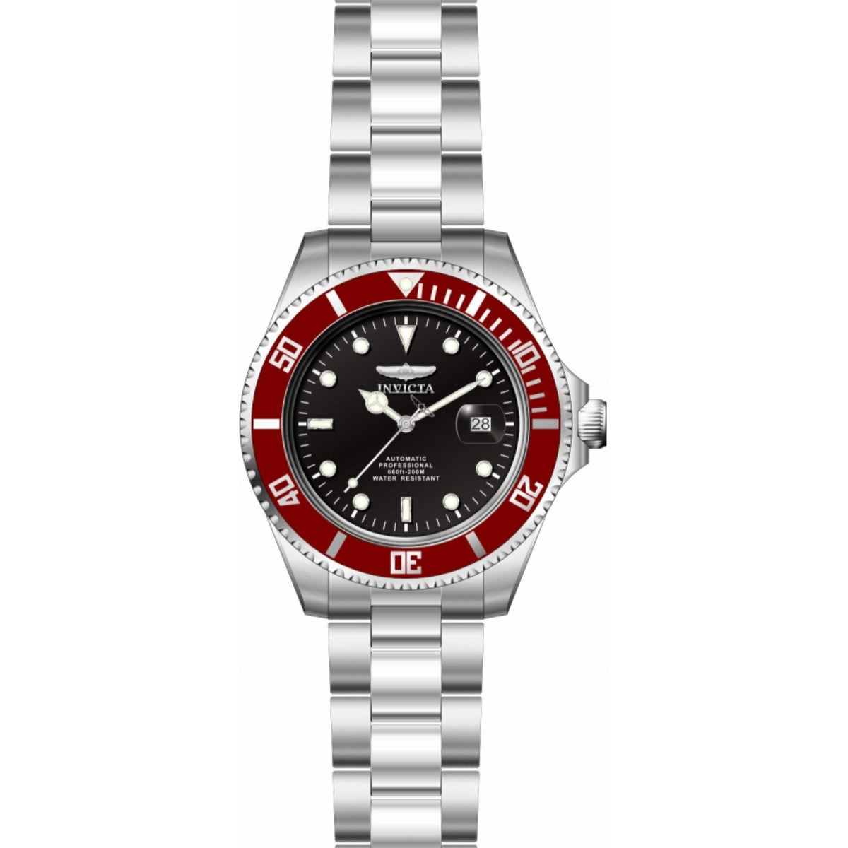 Men's Invicta diver watch with black dial and red bezel on stainless steel link bracelet