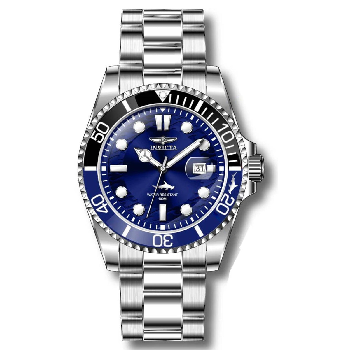 Stainless steel men's dive watch with blue dial, rotating bezel, date window