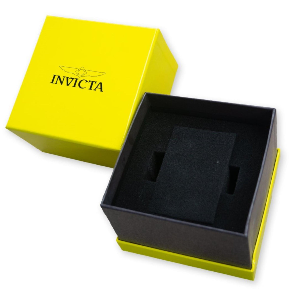 Black and neon yellow Invicta watch box with foam insert