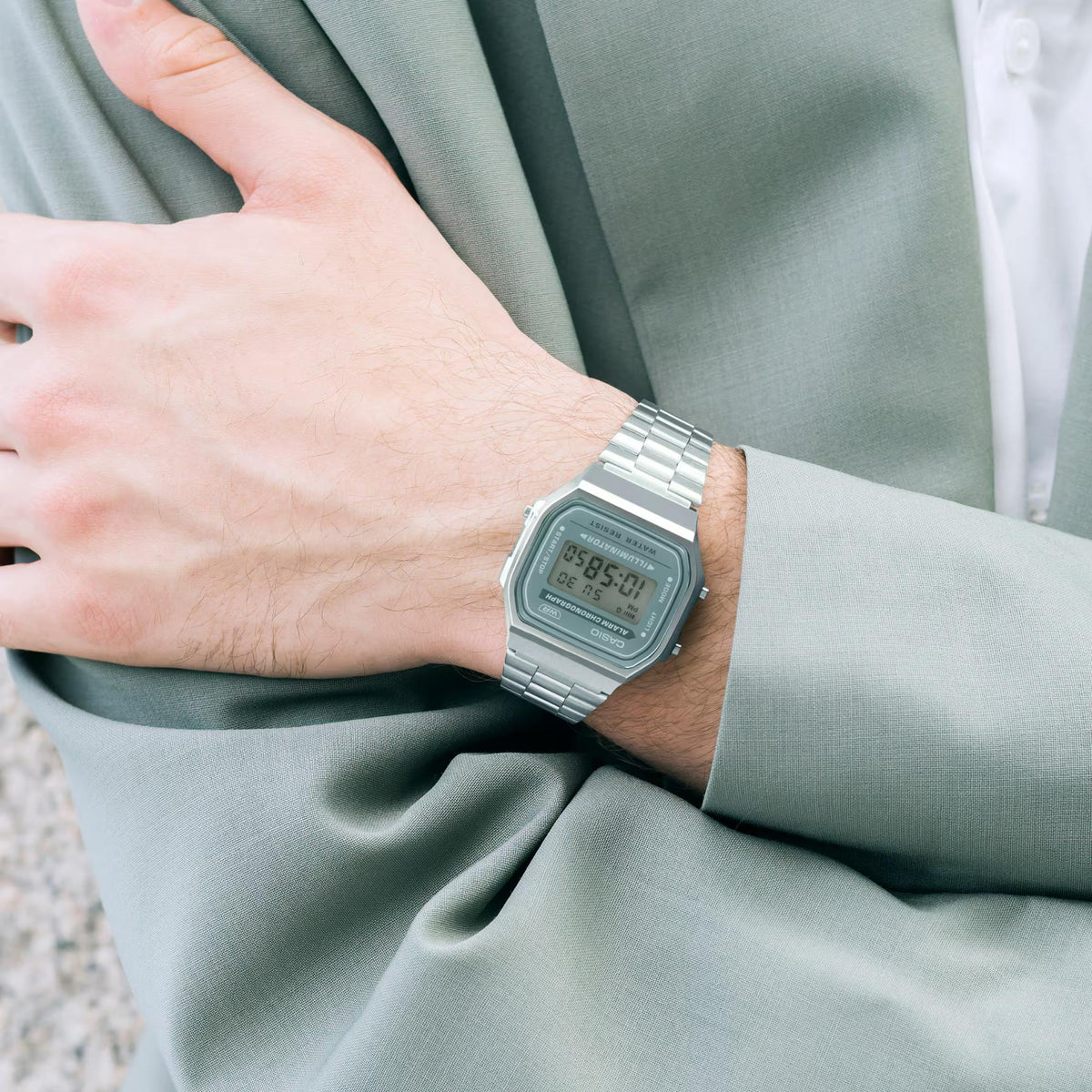 Casio Vintage A168WA-3AYES close-up lifestyle view of watch worn on wrist