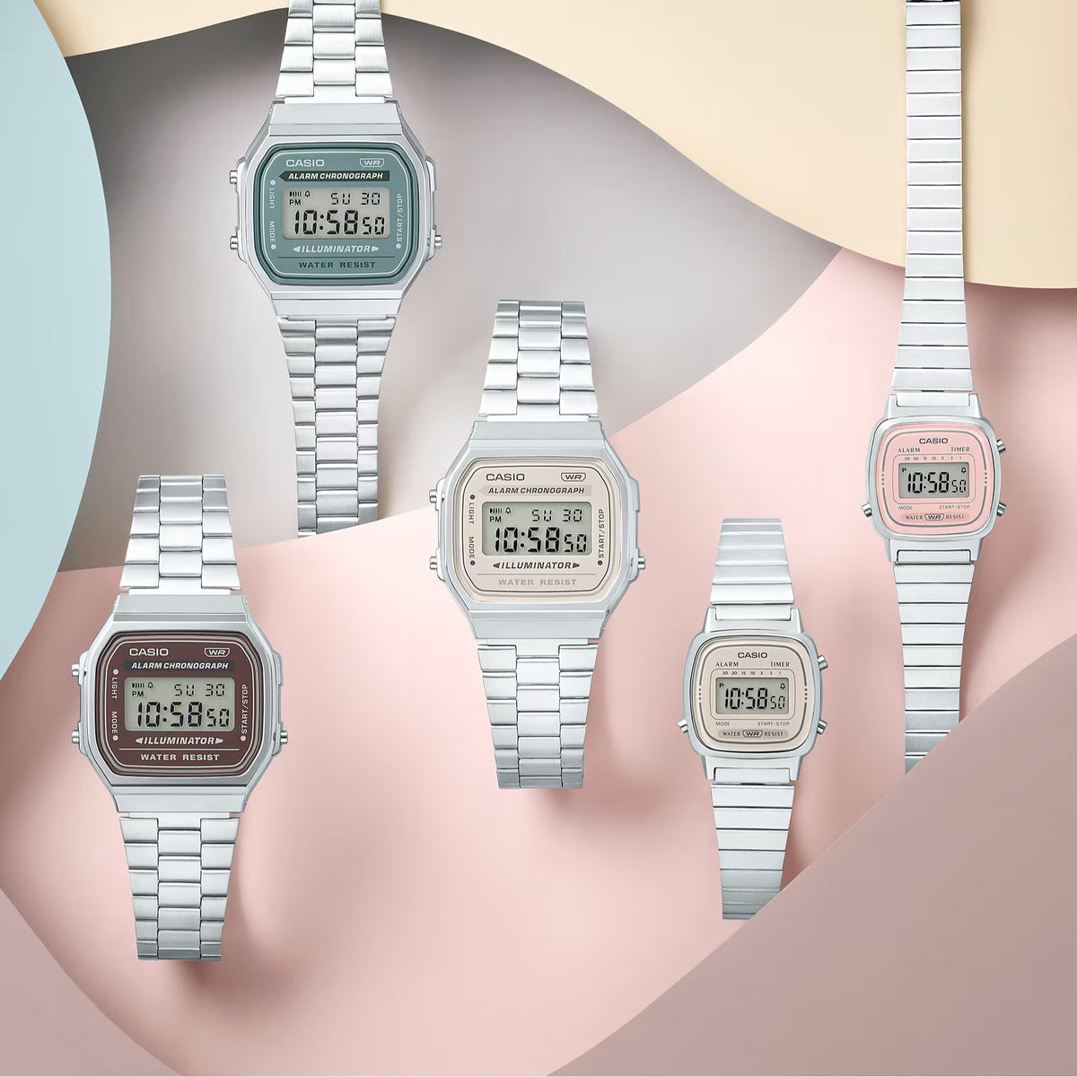Casio Vintage A168WA-3AYES flat lay view showcasing steel watch alongside color collection options