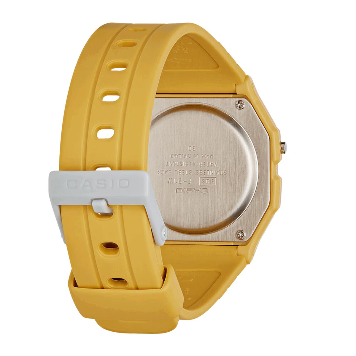 Mustard yellow Casio resin watch with silver case back and screw details