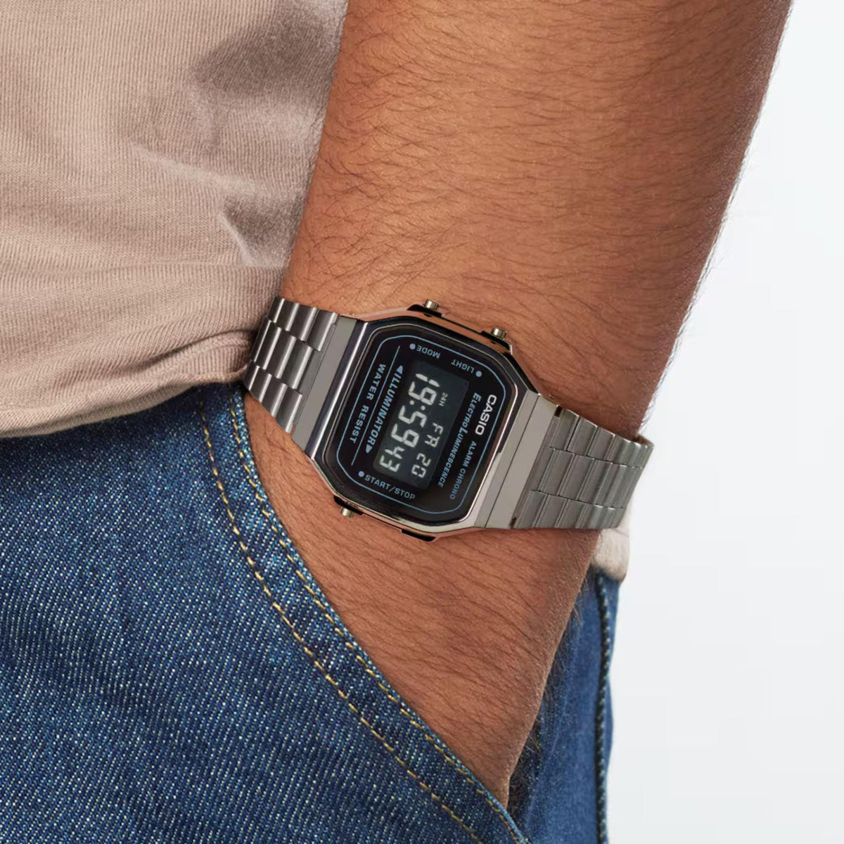 Casio Vintage A168WEGG-1BEF close-up lifestyle view of watch worn on wrist