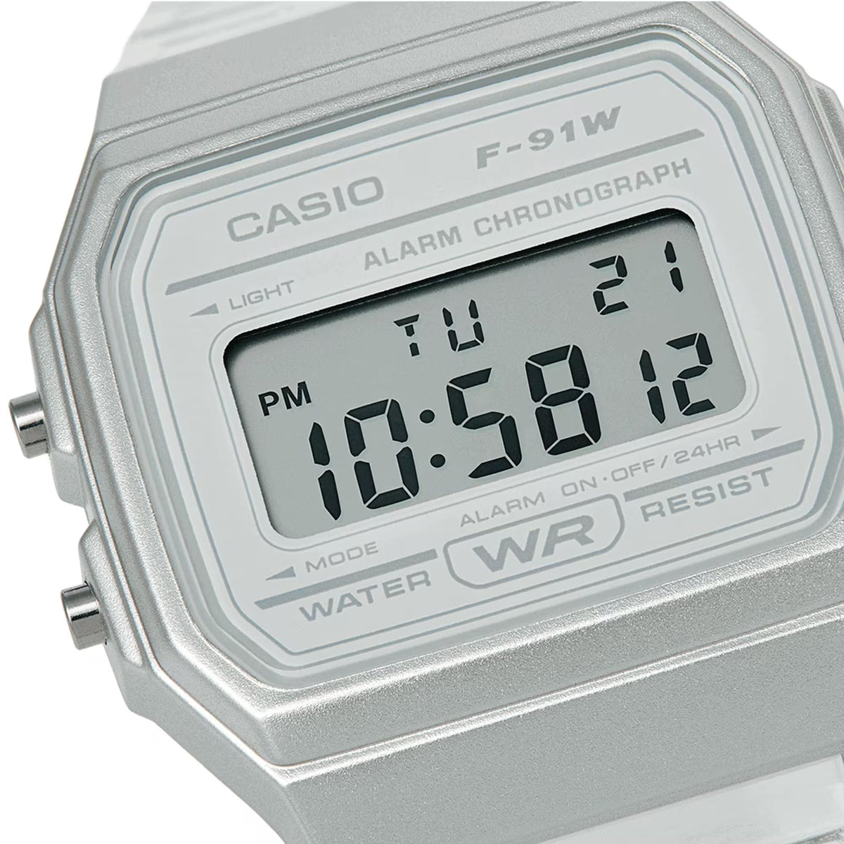 Casio digital quartz watch face closeup with LCD time display