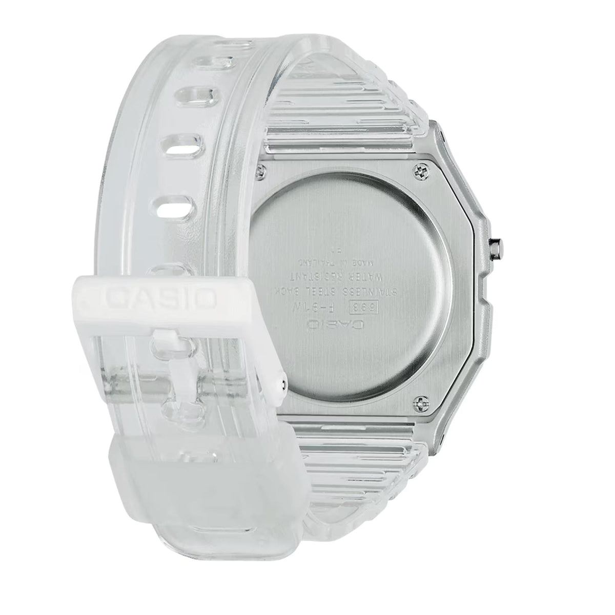 Casio clear resin watch with silver-toned back case and see-through strap