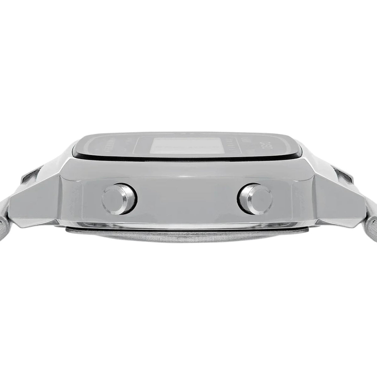 Side view of the Casio Vintage Mini LA670WEA-7EF watch showcasing its slim case profile and side push buttons