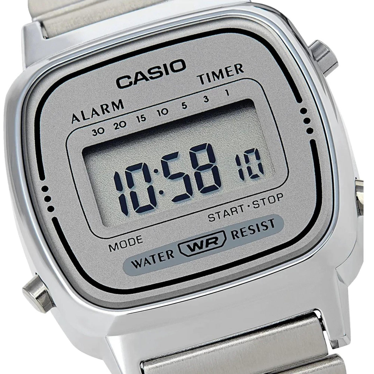 Close-up view of the Casio Vintage Mini LA670WEA-7EF quartz watch face highlighting the digital display, timer markings, and silver surround