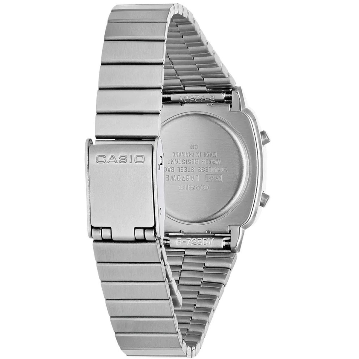 Rear view of the Casio Vintage Mini LA670WEA-7EF steel watch showing the engraved stainless steel backplate and branded clasp