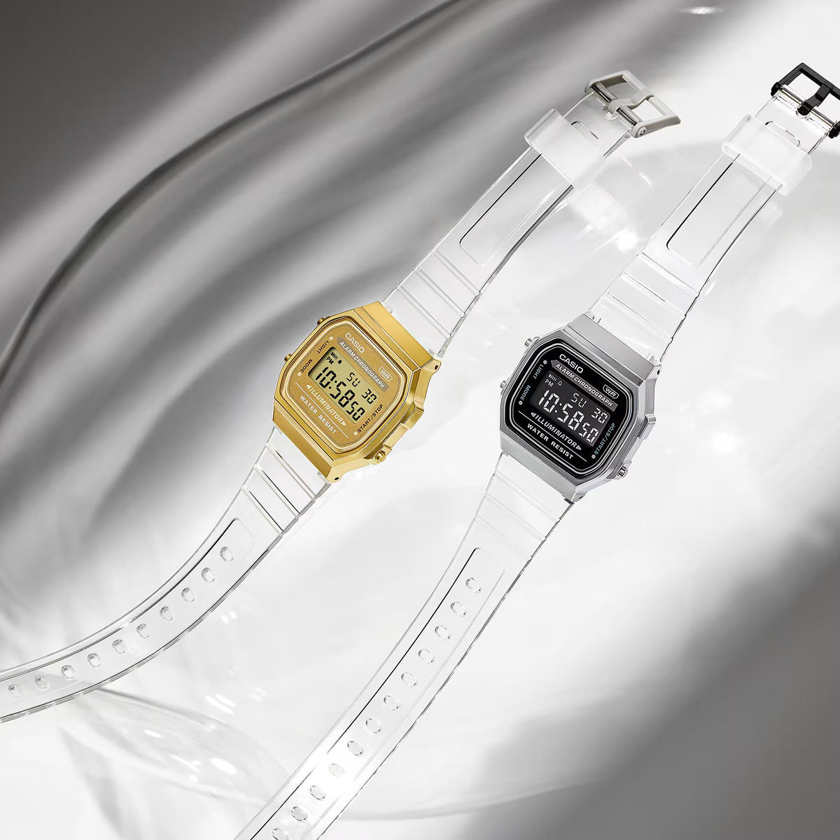 Product display showing the silver Casio Vintage Quartz Digital Resin Strap Watch A168XES-1BEF paired alongside a gold edition timepiece