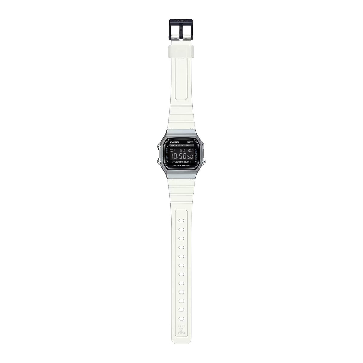Full overhead view of the translucent strap and digital case layout on the Casio Vintage Quartz Digital Resin Strap Watch A168XES-1BEF