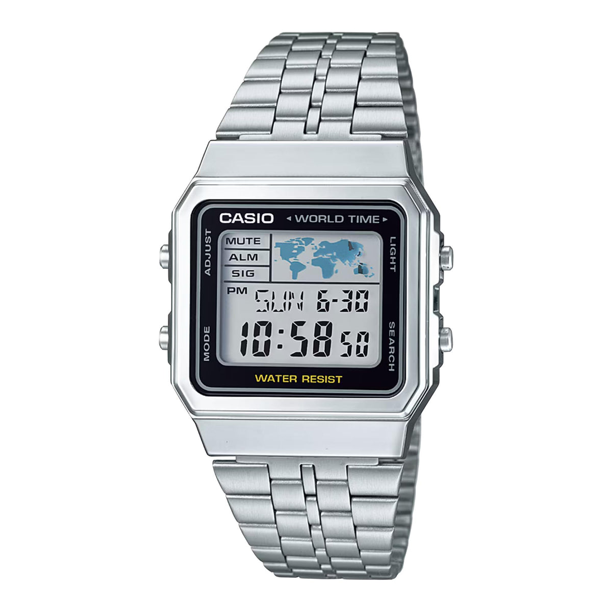 Studio front view of the silver Casio Vintage Digital Steel Strap Watch A500WEA-1EF with a world map display screen