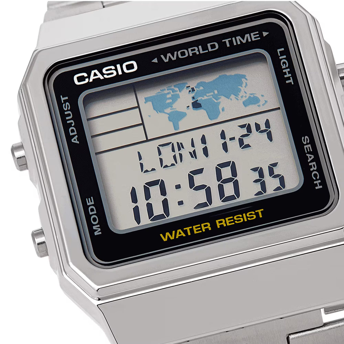 Close-up shot of the digital world time display on the Casio Vintage Digital Steel Strap Watch A500WEA-1EF