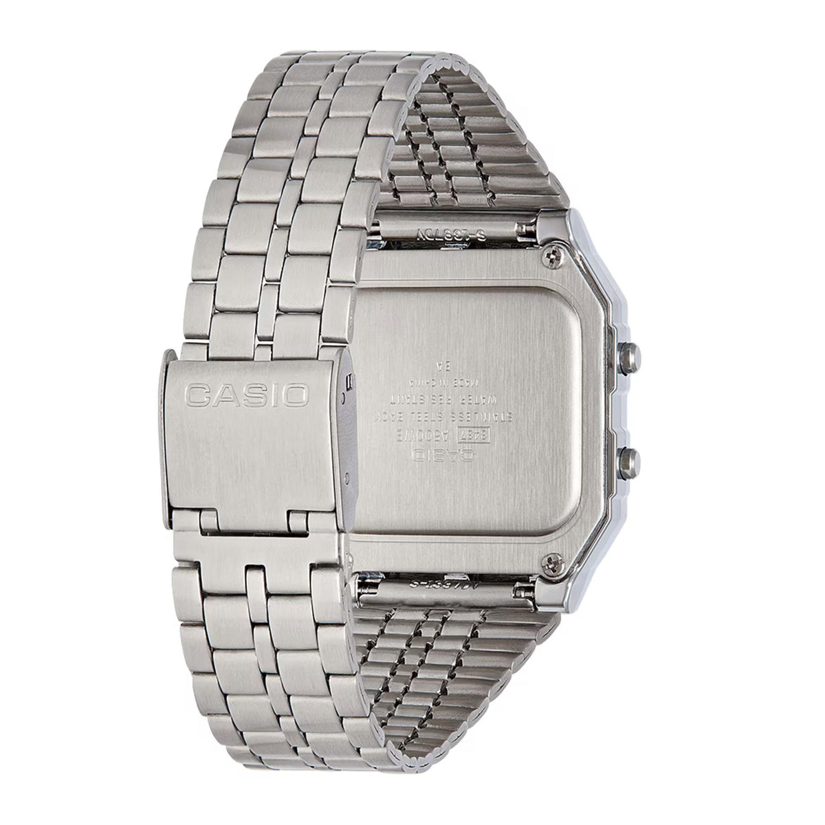 Rear perspective highlighting the engraved stainless steel case back and clasp of the Casio Vintage Digital Steel Strap Watch A500WEA-1EF