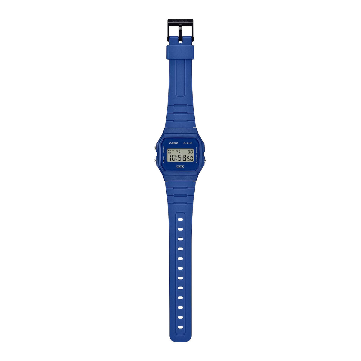 Blue digital resin strap watch with rectangular LCD display and buckle clasp at top