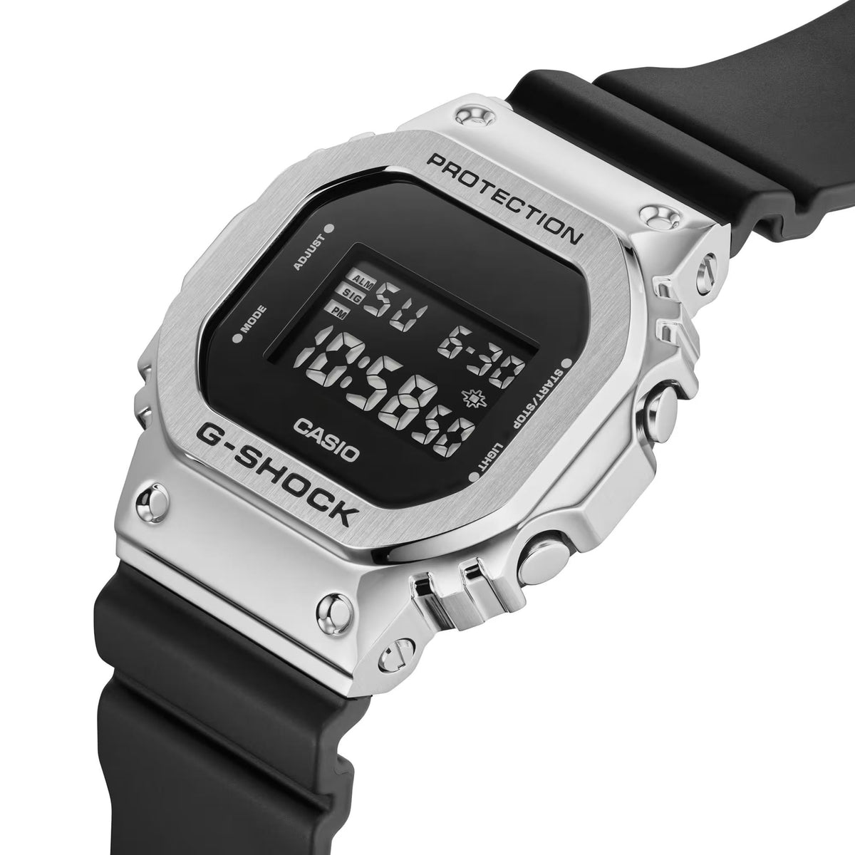 Silver G-Shock digital watch with black LCD and black resin strap, time shown
