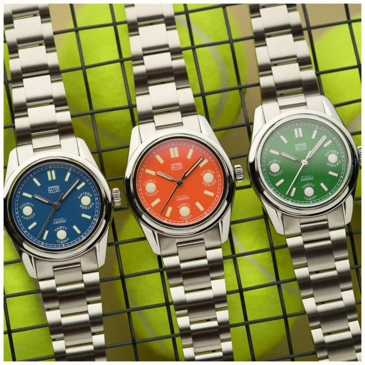 Round sports watch set with steel bracelets, including green-dial model